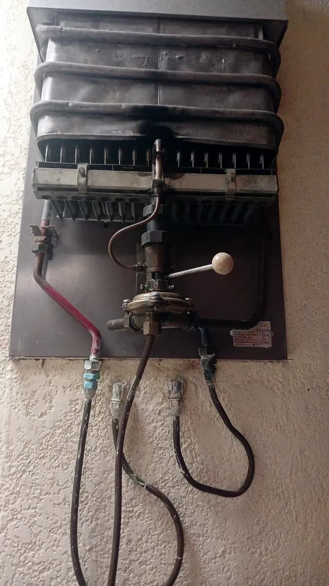 Calentador de gas abierto mostrando quemador e intercambiador durante reparación